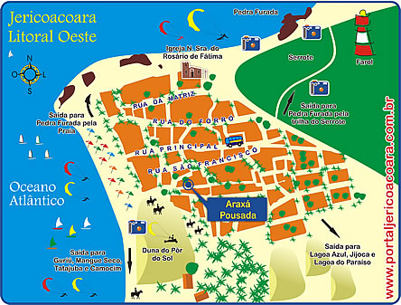 Mapa de localiza&ccedil;&atilde;o da Pousada Arax&aacute; em Jericoacoara - Brasil