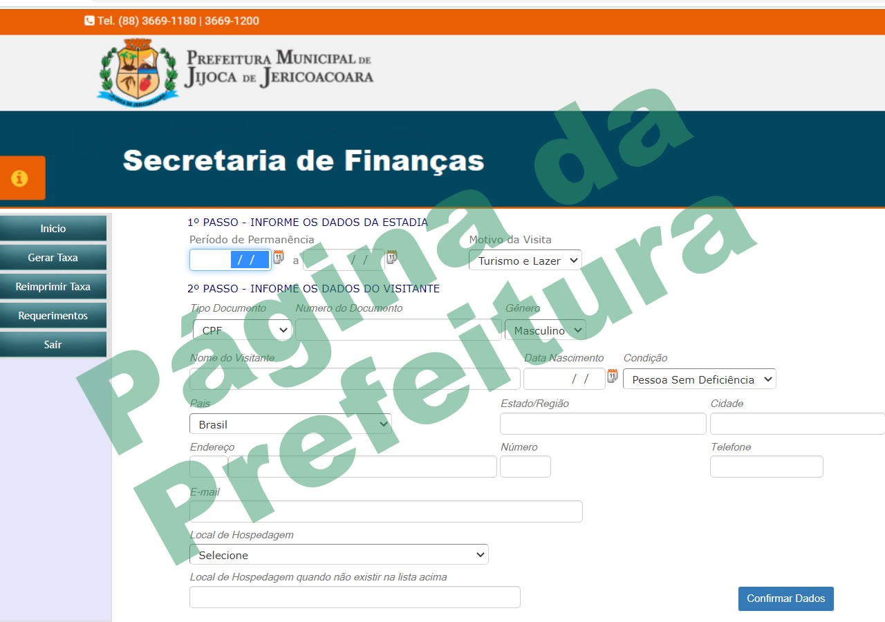 Formulário para pagar a Taxa de Turismo de Jericoacoara no site da Prefeitura de jijoca